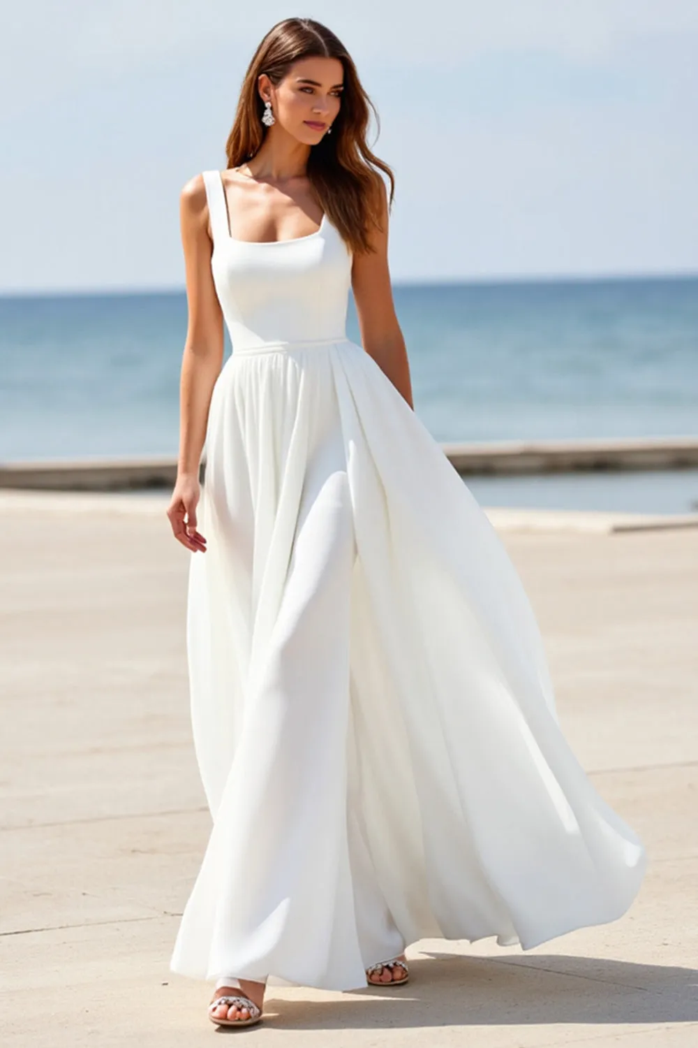 White A Line Square Neck Long Wedding Dress sold by Wedtrend