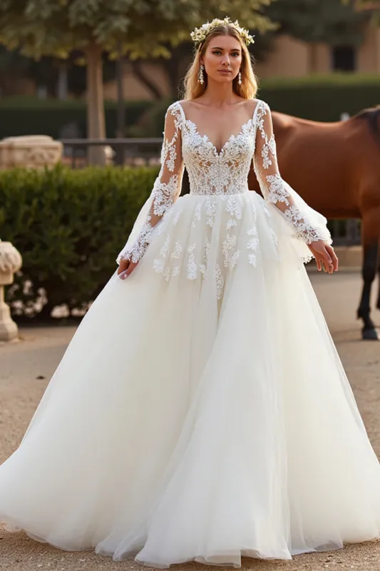 White Long Sleeves A Line Wedding Dress With Appliques sold by Wedtrend