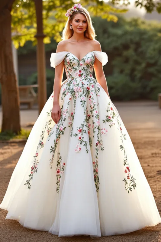 Floral Off The Shoulder White Tulle A Line Long Wedding Dress sold by Wedtrend
