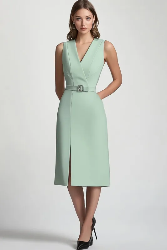 Mint Green A Line V Neck Midi Formal Dress With Belt sold by Wedtrend