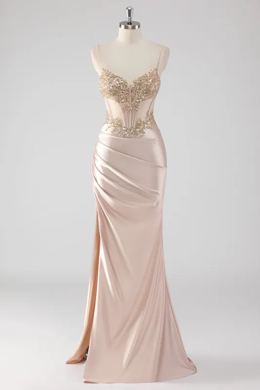 Sparkly Champagne Corset Appliqued Long Prom Dress with Slit made by Wedtrend