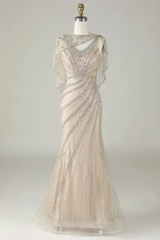 Sparkly Mermaid Champagne Beaded Long Prom Dress with Wrap made by Wedtrend