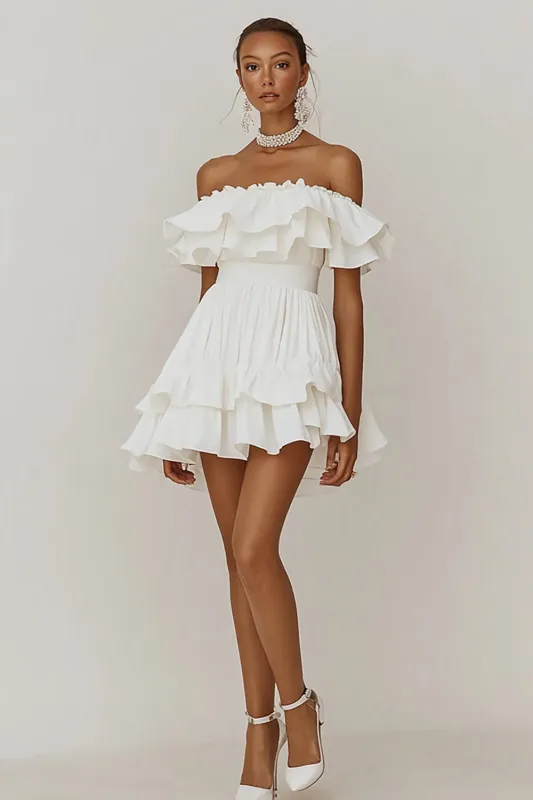Tiered Off The Shoulder White Graduation Dress With Ruffles made by Wedtrend