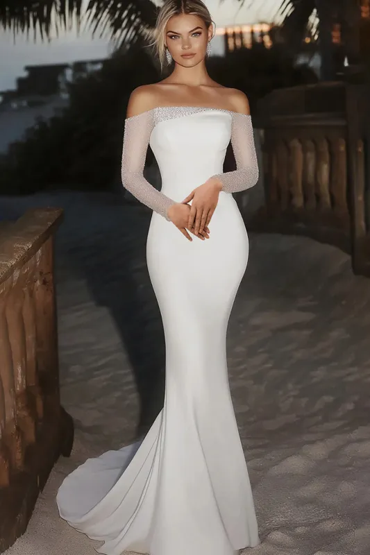 Ivory Mermaid Off The Shoulder Long Sleeve Wedding Dress With Beading made by Wedtrend