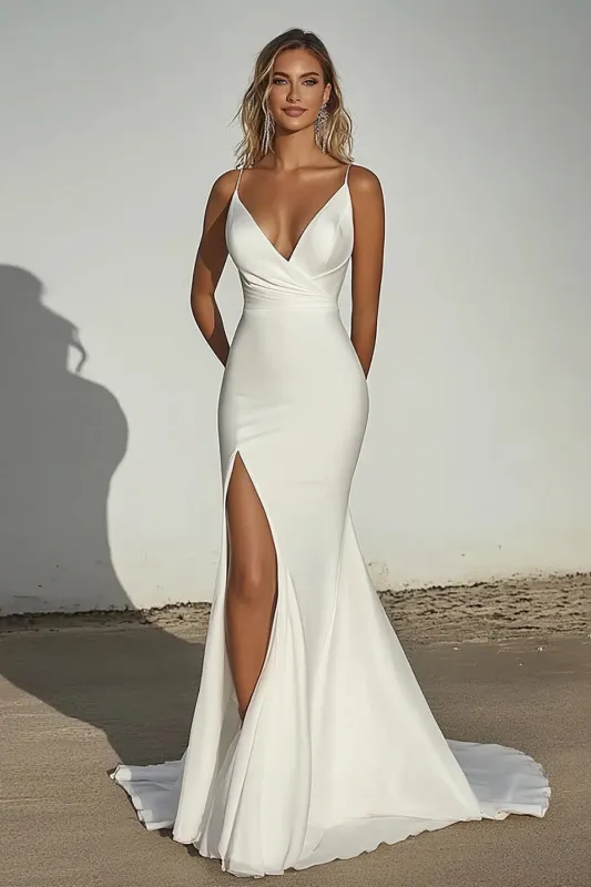 Mermaid Ivory Spaghetti Straps Long Wedding Dress With Slit made by Wedtrend