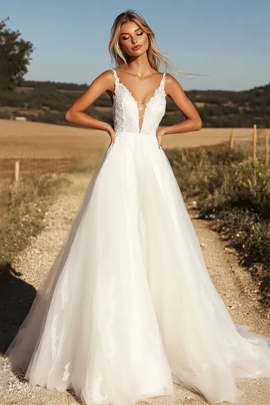 Ivory Tulle A Line Spaghetti Straps Long Wedding Dress sold by Wedtrend