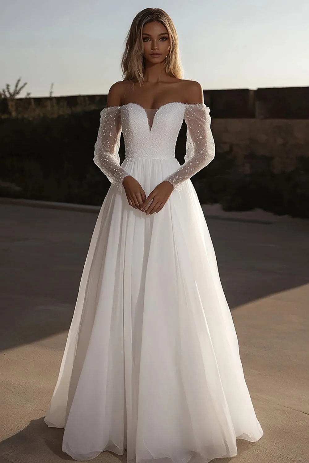 Off The Shoulder Ivory Long Sleeve A Line Wedding Dress sold by Wedtrend