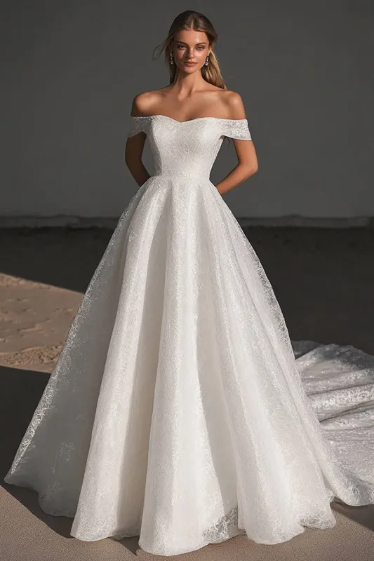 Off The Shoulder Ivory A Line Long Wedding Dress With Apppliques made by Wedtrend