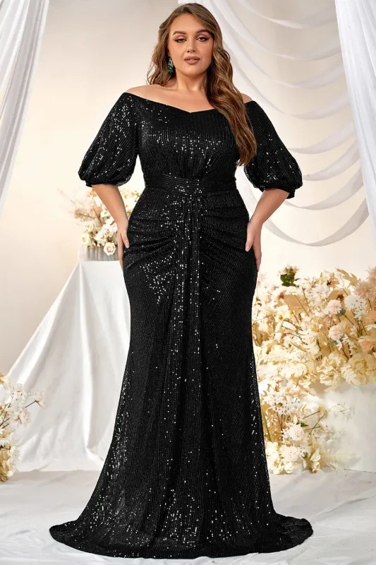 Off The Shoulder Black Plus Size Mermaid Sequins Long Mother Of The Bride Dress sold by Wedtrend