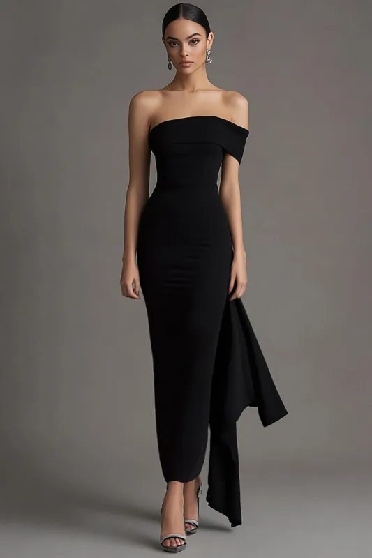 Black Bodycon One Shoulder Long Black Tie Dress With Streamer made by Wedtrend