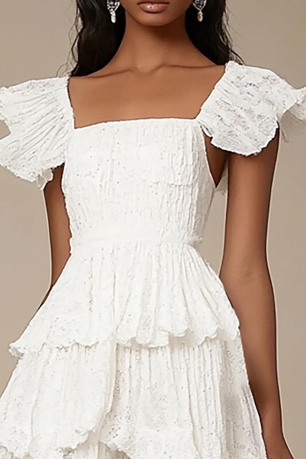 Ivory A Line Tiered Square Neck Lace Knee Length Graduation Dress sold by Wedtrend product image thumbnail 2