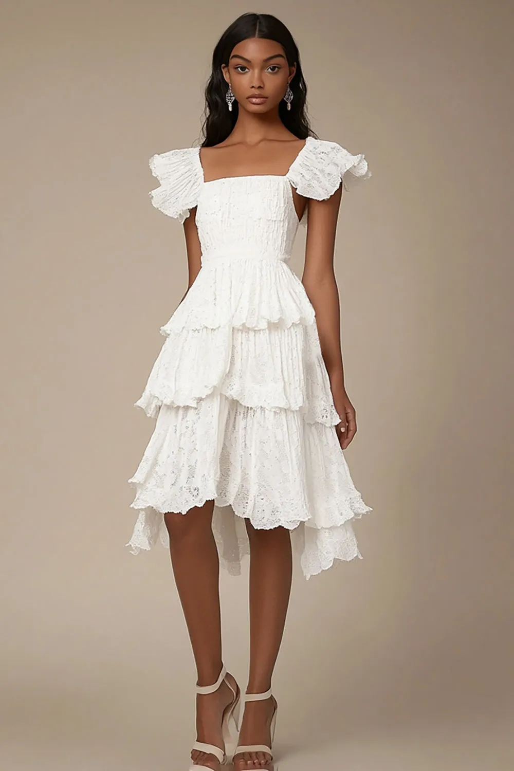 Ivory A Line Tiered Square Neck Lace Knee Length Graduation Dress sold by Wedtrend