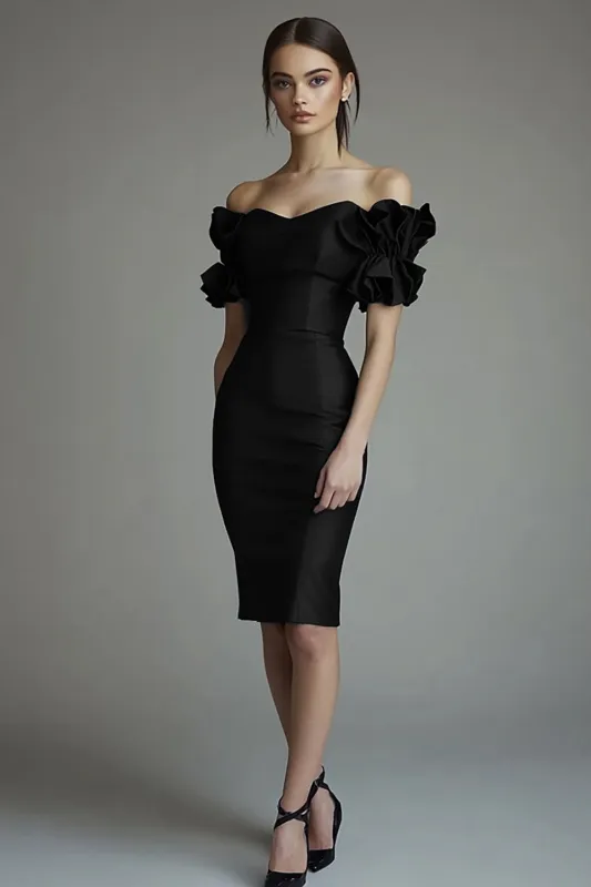 Black Bodycon Off The Shoulder Knee Length Graduation Dress With Ruffles made by Wedtrend