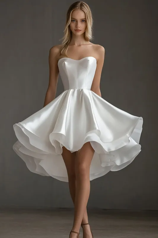 Strapless A Line Satin White Short Graduation Dress made by Wedtrend