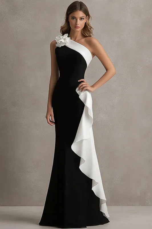 Black One Shoulder Mermaid Long Formal Dress With Streamer made by Wedtrend