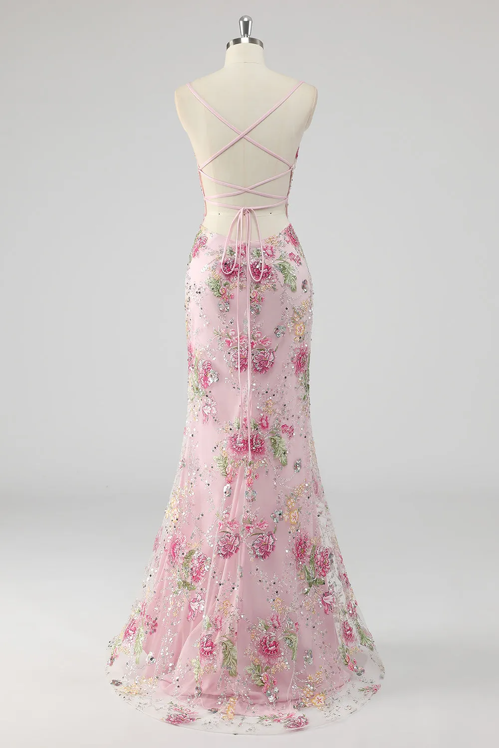 Sparkly Pink Mermaid V Neck Sequins Long Prom Dress with Lace Up Back sold by Wedtrend product image thumbnail 2