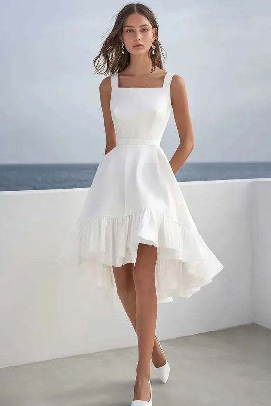 A Line Square Neck White Simple Short Graduation Dress With Ruffles made by Wedtrend