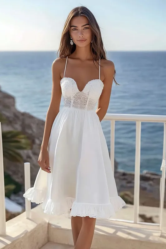 White A Line Spaghetti Straps Graduation Dress With Lace made by Wedtrend