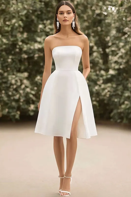 Simple A Line Strapless Satin White Graduation Dress With Slit made by Wedtrend