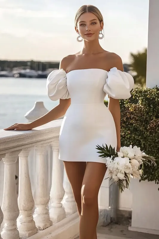 Simple Off The Shoulder White Short Bodycon Graduation Dress sold by Wedtrend