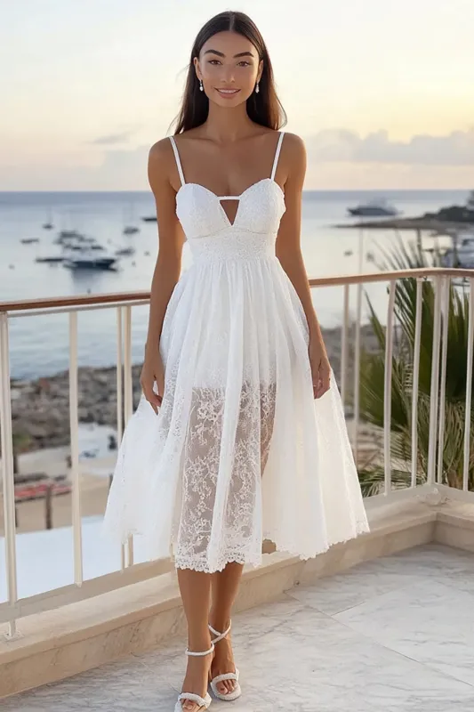 Simple Keyhole White A Line Lace Graduation Dress made by Wedtrend