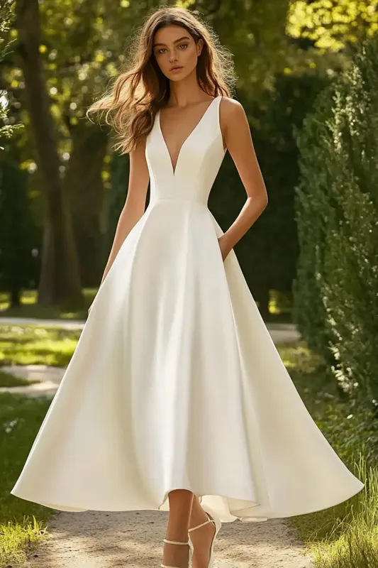 White V Neck Satin A Line Long Wedding Dress sold by Wedtrend
