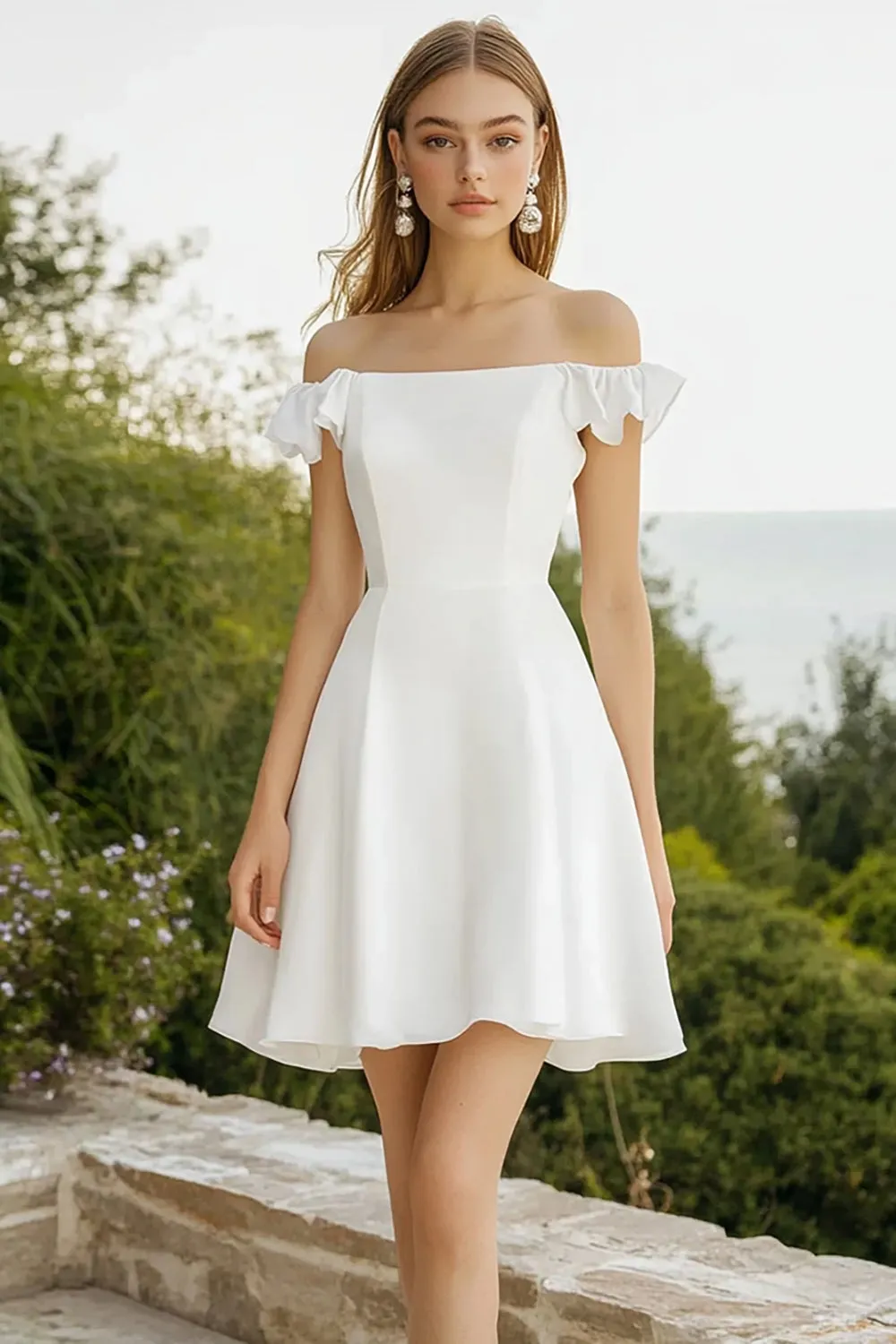 Off The Shoulder A Line Satin Ruffled White Graduation Dress sold by Wedtrend
