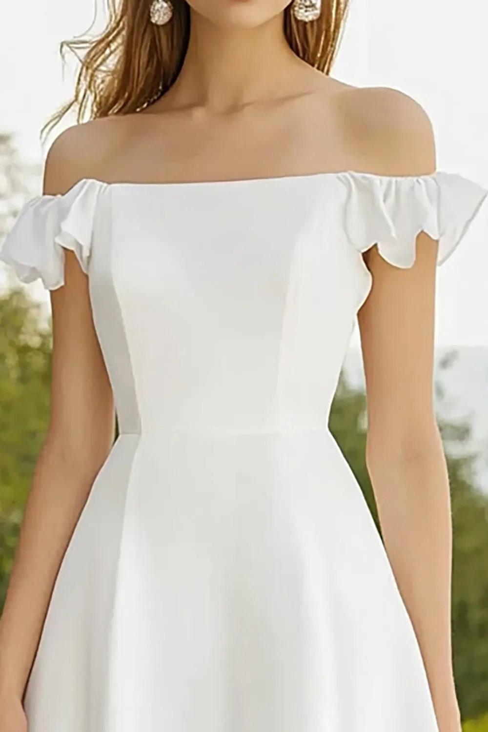 Off The Shoulder A Line Satin Ruffled White Graduation Dress sold by Wedtrend product image thumbnail 2