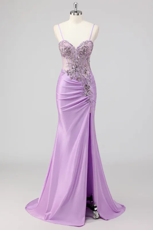 Sparkly Lilac Sequin Corset Ruched Mermaid Prom Dress with Slit made by Wedtrend