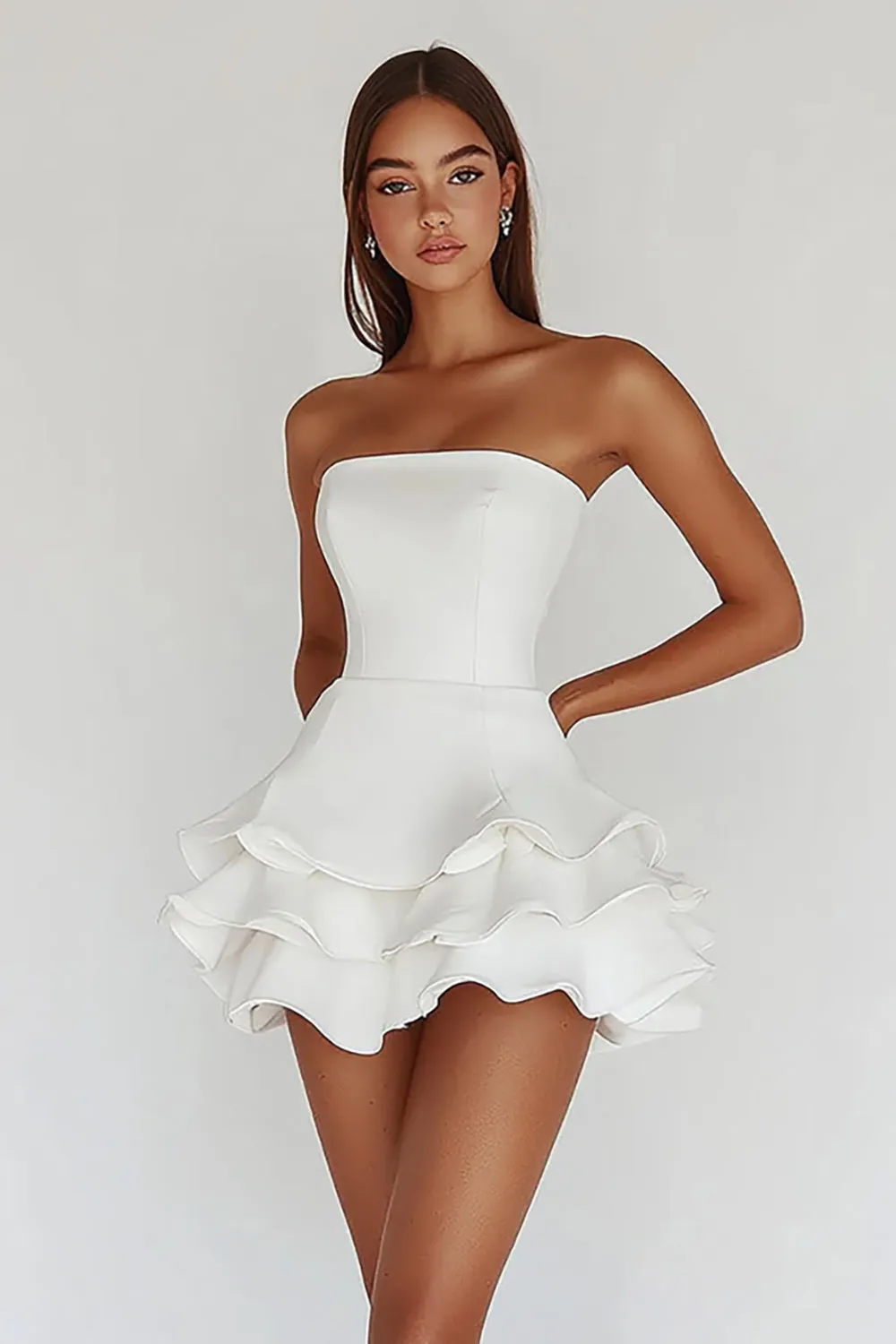 White Strapless A Line Tiered Satin Graduation Dress sold by Wedtrend
