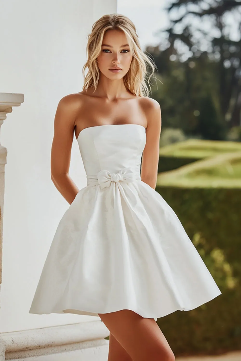 White A-Line Strapless Satin Mini Graduation Dress sold by Wedtrend