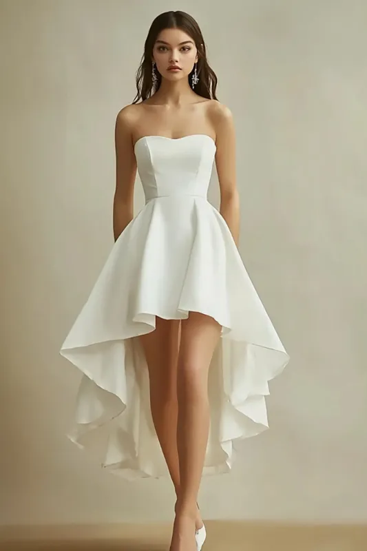 White A Line Asymmetrical Strapless Mini Graduation Dress made by Wedtrend