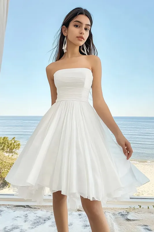 White A Line Ruched Strapless Graduation Dress made by Wedtrend