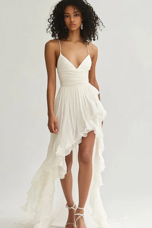Ivory A Line Spaghetti Straps Asymmetrical Graduation Dress made by Wedtrend