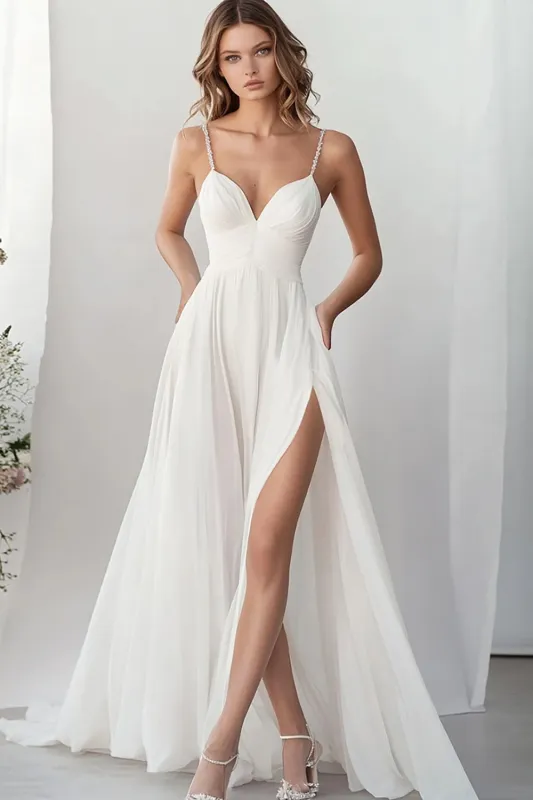 Stylish White A Line Spaghetti Straps Wedding Dress With Slit sold by Wedtrend