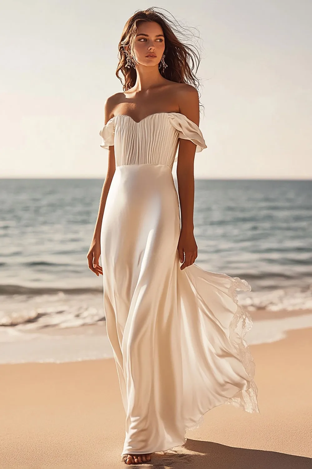 White Off The Shoulder Sheath Satin Maxi Dress sold by Wedtrend
