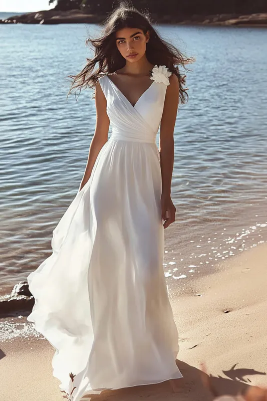 White A Line V-Neck Sleeveless Engagement Dress sold by Wedtrend