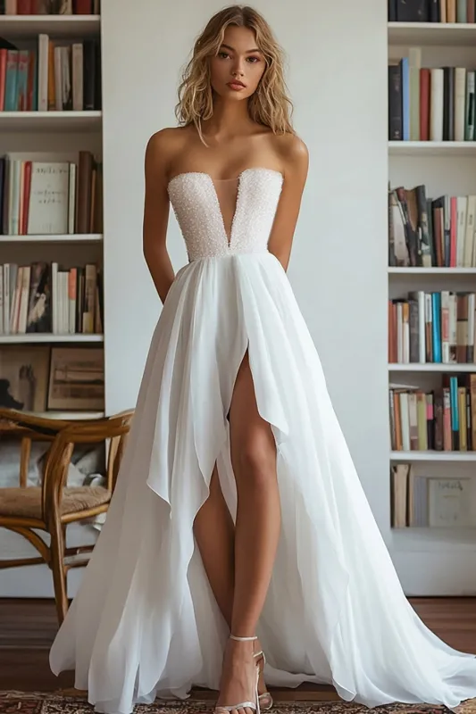 White Asymmetrical A Line Sequins Wedding Dress With Slit made by Wedtrend