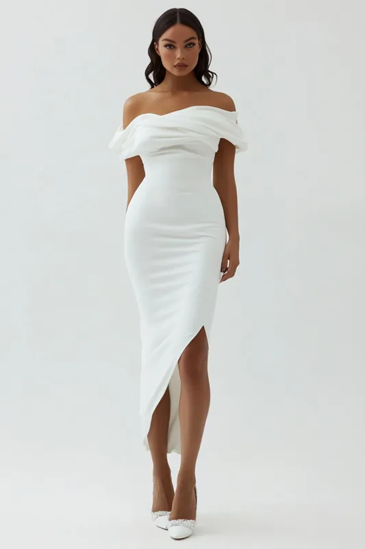 White Off the Shoulder Sheath Matte Satin Graduation Dress With Slit made by Wedtrend