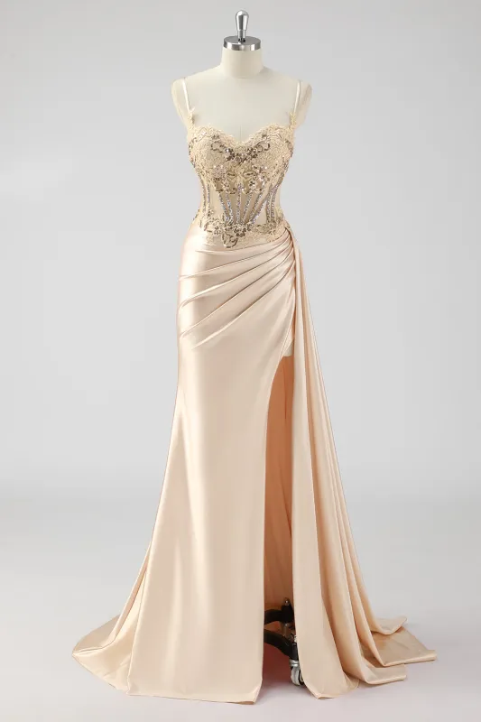Champagne Mermaid Side Cape Sequins Long Corset Satin Prom Dress With Slit sold by Wedtrend