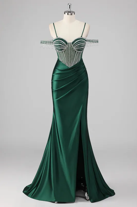 Sparkly Dark Green Mermaid Sequins Ruched Prom Dress with Slit made by Wedtrend