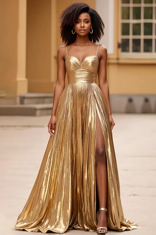Gold Spaghetti Straps Glitter Long Prom Dress with Slit made by Wedtrend