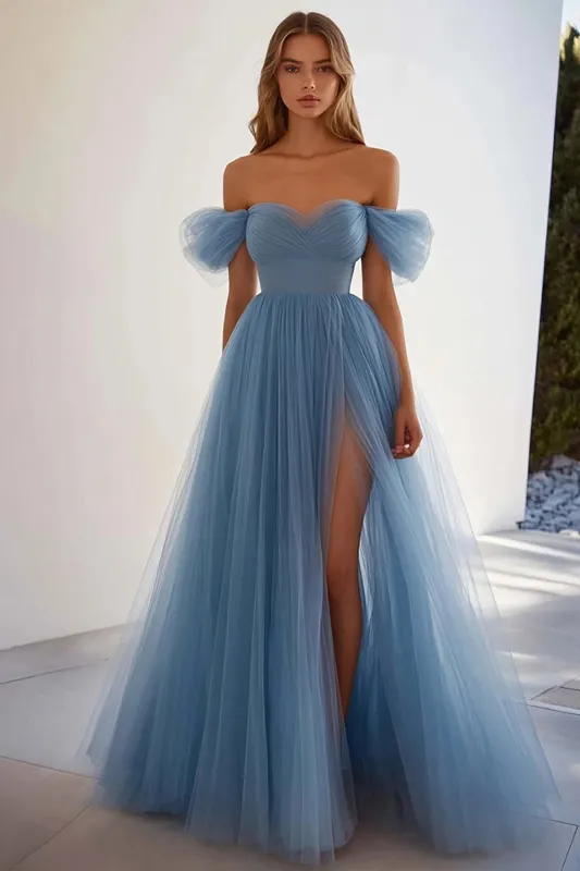 Off The Shoulder Grey Blue A Line Tulle Formal Dress made by Wedtrend