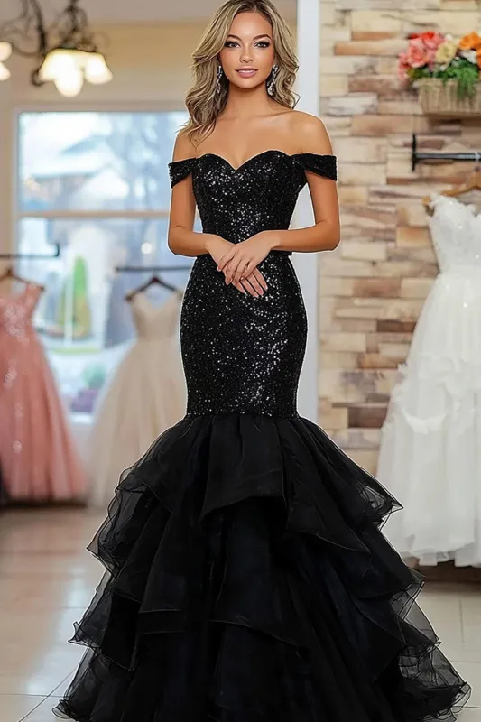 Black Off The Shoulder Mermaid Sequins Prom Dress made by Wedtrend