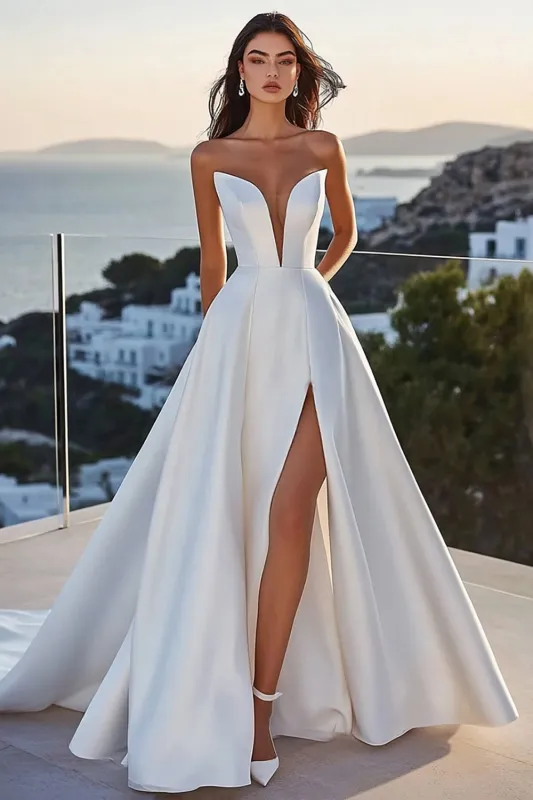 Ivory Satin A Line Strapless Wedding Dress with Slit made by Wedtrend