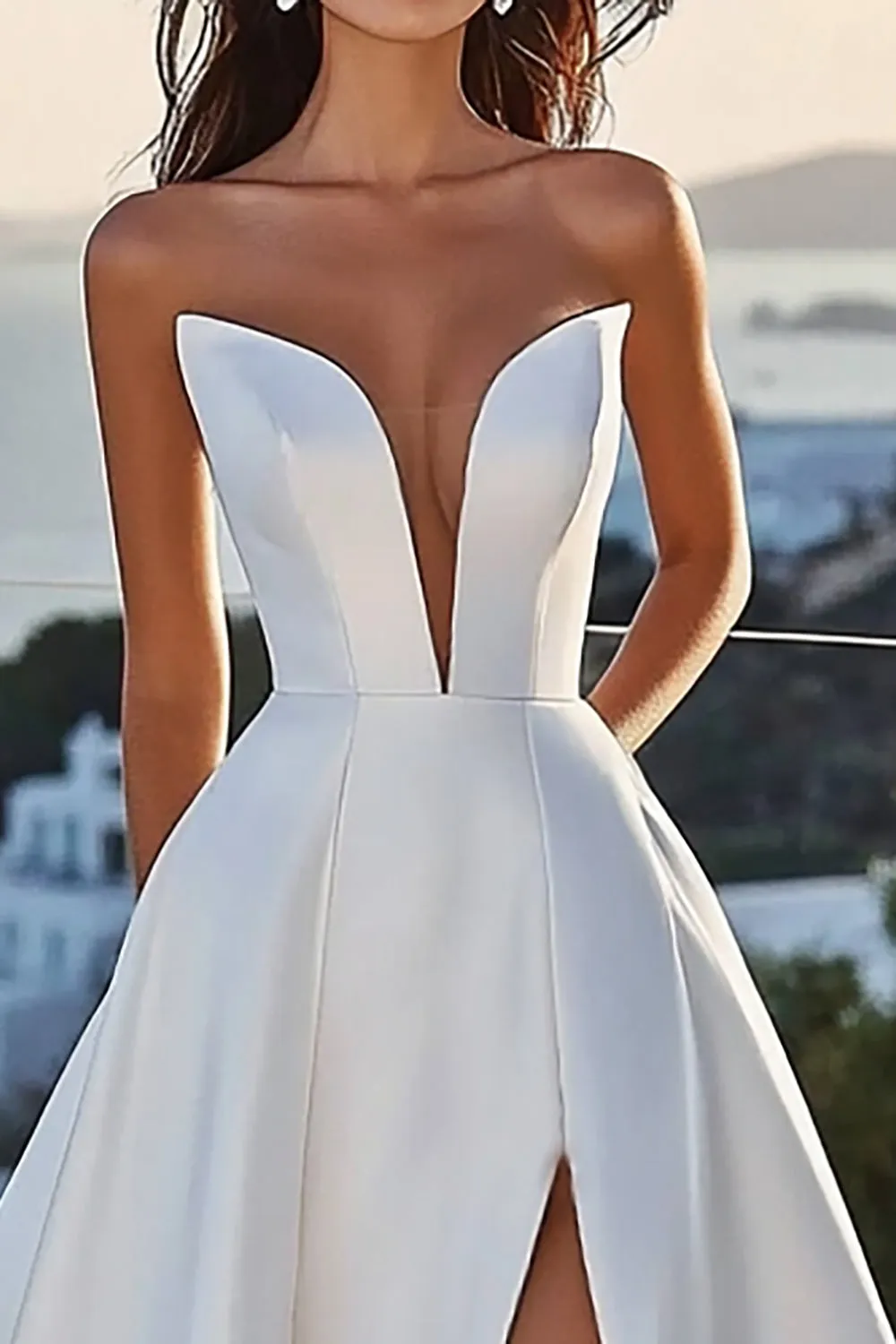 Ivory Satin A Line Strapless Wedding Dress with Slit sold by Wedtrend product image thumbnail 2