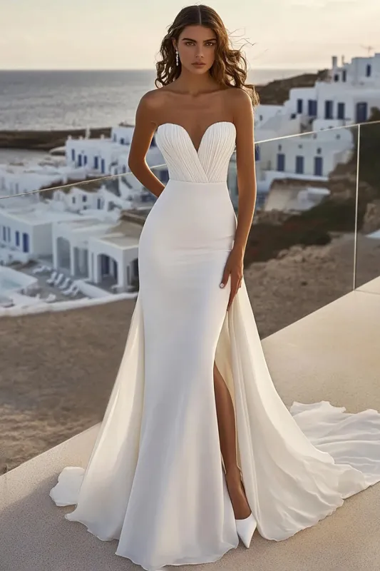 Ivory Mermaid Strapless Ruched Long Wedding Dress with Slit sold by Wedtrend