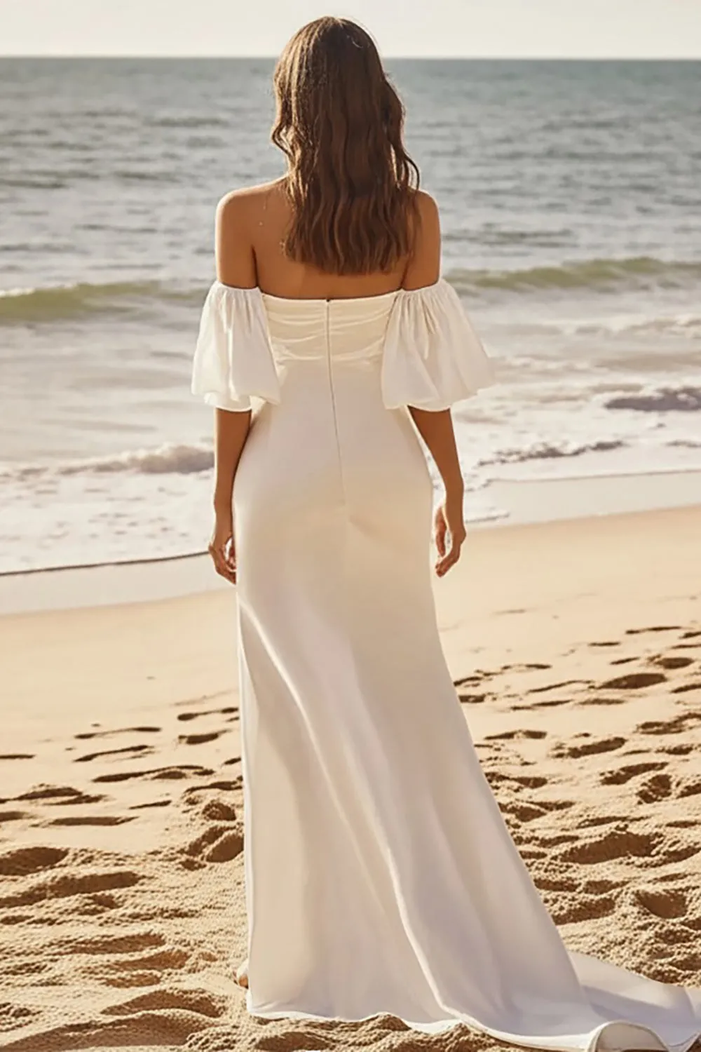 Ivory Off The Shoulder Satin Wedding Dress with Ruffles sold by Wedtrend product image thumbnail 2