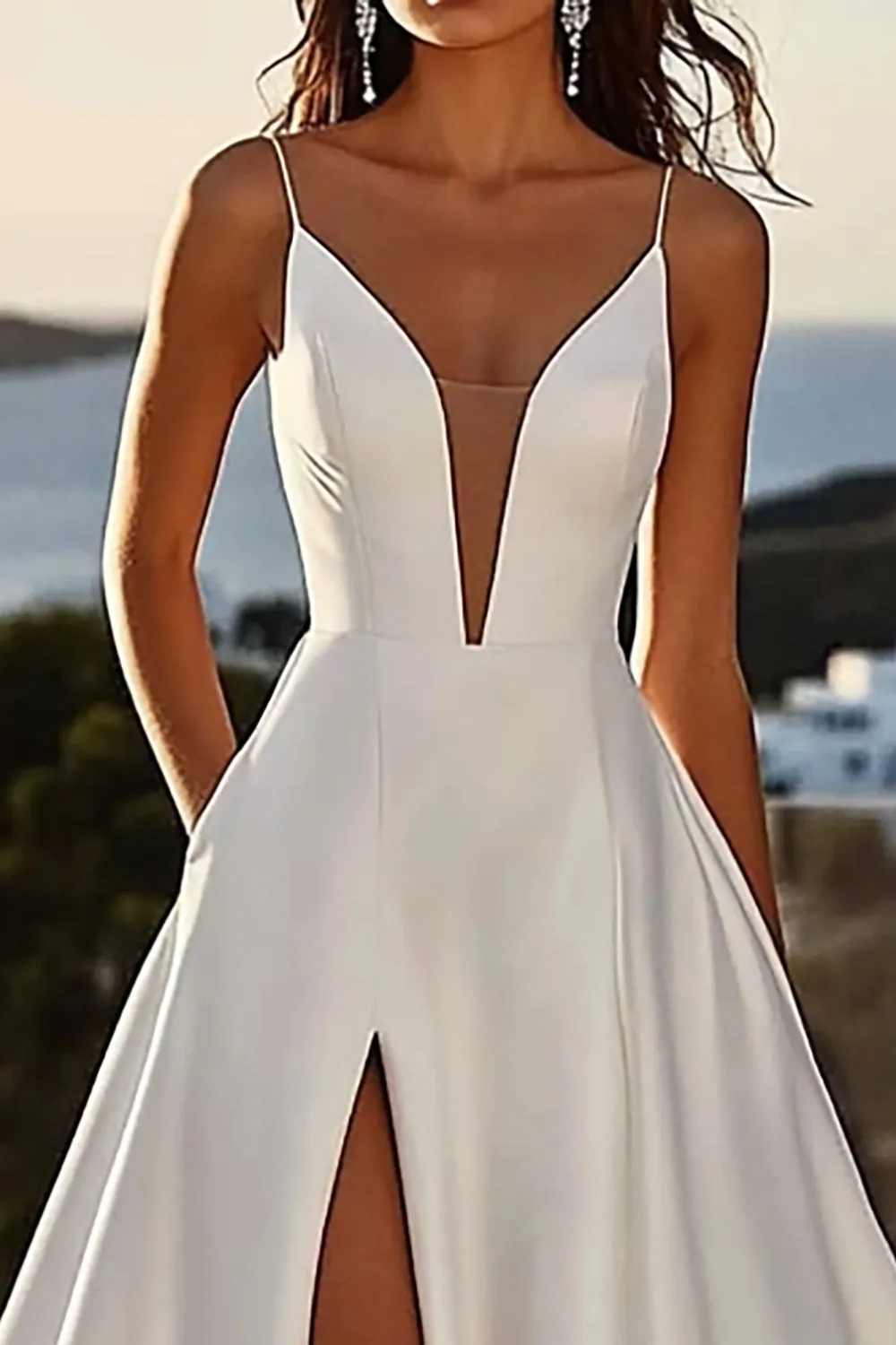 Ivory A Line Spaghetti Straps Satin Ruched Wedding Dress with Slit sold by Wedtrend product image thumbnail 2
