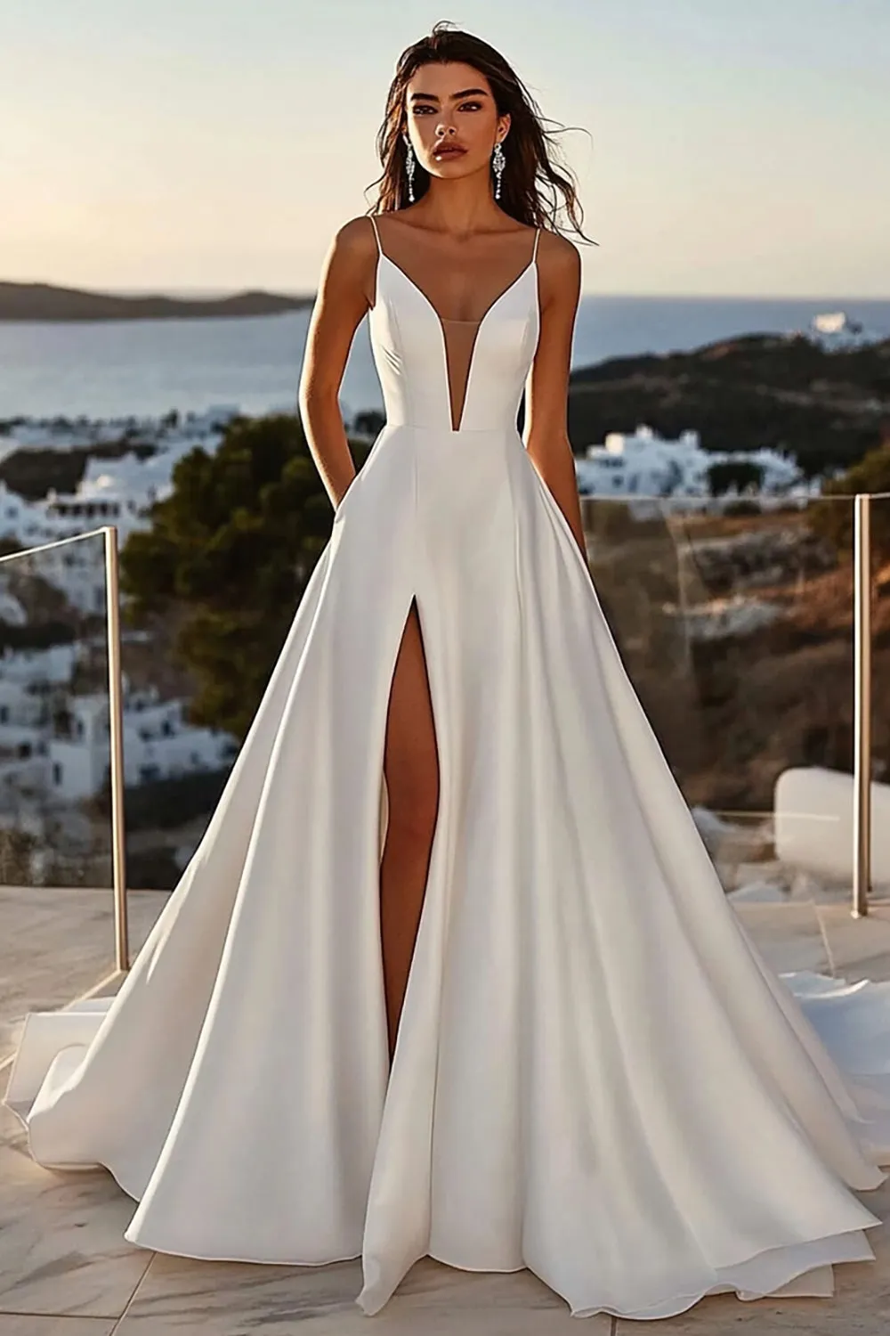 Ivory A Line Spaghetti Straps Satin Ruched Wedding Dress with Slit sold by Wedtrend